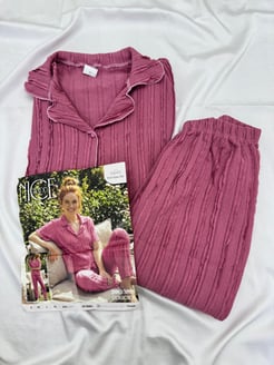ç6845-bürümcük kumaş gömlek yaka kısa kollu pijama takımı-gül kurusu