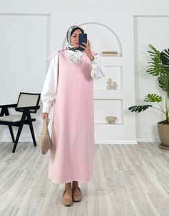 9641-dabıl kumaş-omuz detaylı V yaka jile- pembe 