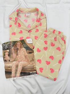 ç6965-bürümcük kumaş gömlek yaka kısa kollu pijama takımı-taş