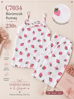 ç7034-bürümcük kumaş ip askılı pijama takımı-beyaz 