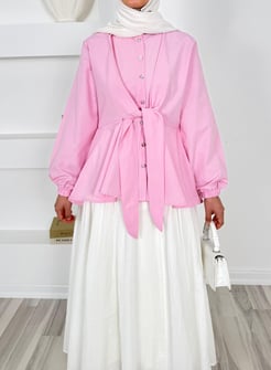 1342-poplin kumaş önden bağlamalı düğmeli  tunik-pembe