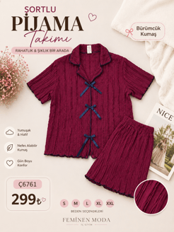 ç6761-bürümcük kumaş fırfırlı şortlu takım-bordo
