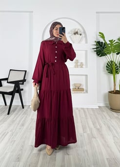 2563-kaş kumaş-yaka detaylı kemerli elbise-bordo