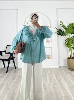 96314 - poplin kumaş önü fırfırlı dügmeli gömlek - su yeşili 