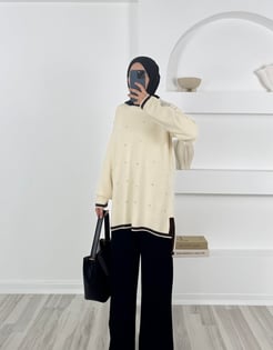 1463 - önü taşlı triko tunik -  krem