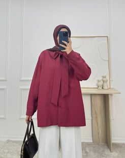 1717- terikoton kumaş önden bağlamalı tunik-bordo