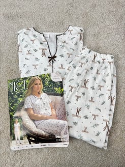 ç6627-raporlu bürümcük kumaş kısa kollu pijama takımı-beyaz