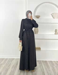 0796 - kuşaklı taşlı damla elbise - füme