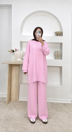 8644-oysho kumaş cepli pantolonlu takım-pembe 