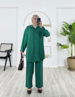 6184-keten kumaş-pantolonlu tunik takım-yeşil