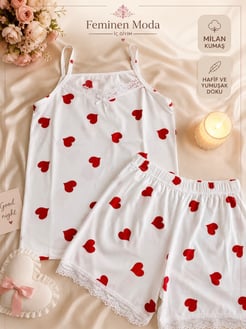 ç0010-milan kumaş şortlu ip askılı kalpli pijama takımı-beyaz