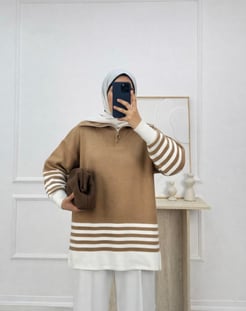2162-fermuar yaka çizgili triko tunik-sütlü kahve