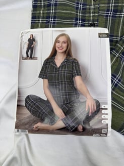 ç0401 - gömlek yaka kısa kollu kareli pijama takımı - haki 