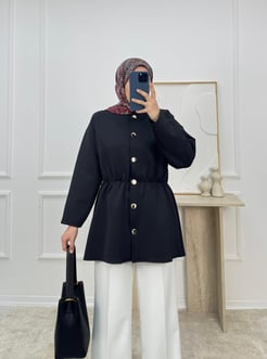 8426-sukuba dalgıç kumaş beli lastikli düğmeli tunik-siyah