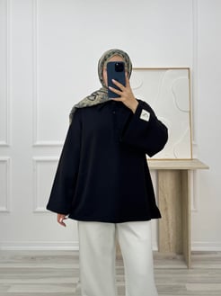7820-polo yaka üç iplik şardonsuz-sweatshirt-siyah
