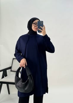 2912-oysho kumaş-önü çımalı yanları yırtmaçlı tunik-lacivert