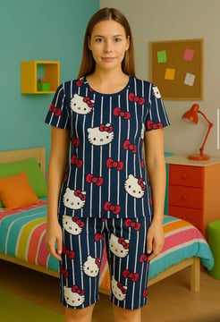 Ç1078 - kısa kollu kapri milan kumaş hello kity pijama takımı - lacivert 