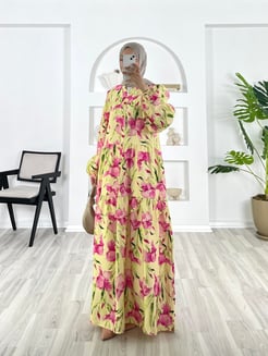 0289-lilium kumaş-çiçek desenli elbise-sarı