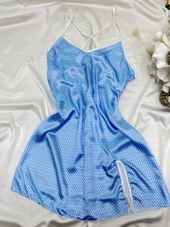ç68679 - saten mini puantiyeli elbise - mavi