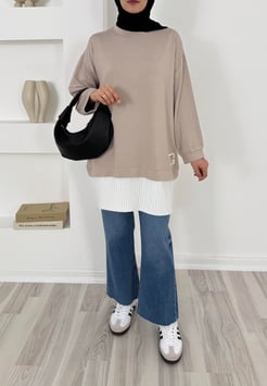 3692 - kristal kumaş altı piliseli tunik - taş