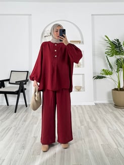 5209-cupra kumaş-balon kollu önü üç düğmeli pantolonlu takım-bordo