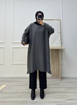 1928 SADE DİZ ALTI SALAŞ TRİKO TUNİK  FÜME