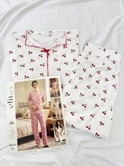 ç8658-raporlu kaşkorse kısa kol kırazlı pijama takımı-beyaz