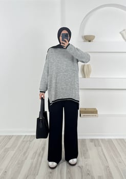 1463 - önü taşlı triko tunik -  gri