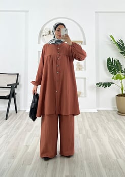 2756-kirinkıl kaş kumaş-boydan düğmeli pantolonlu takım-gül kurusu