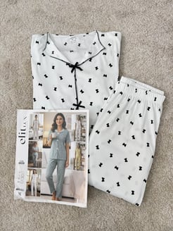 ç8658-milan kumaş kısa kollu fiyonklu pijama takımı-beyaz