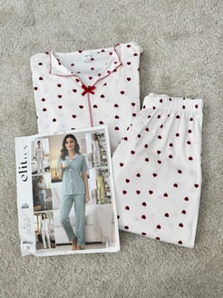 ç8658-milan kumaş kısa kollu kalpli pijama takımı-beyaz