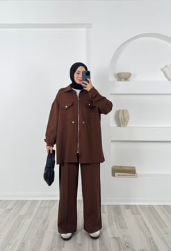 4302 oysho kumaş cepli pantolonlu takım-acı kahve