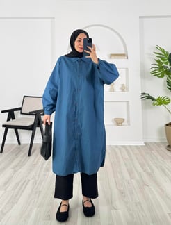 0279 - kot kumaş yanları yırtmaçlı gömlek -mavi