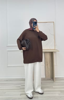 5236-oysho kumaş-balıkçı yaka düz model tunik-acı kahve