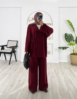 6383-cupra kumaş-üstü kimono pantolonlu takım-bordo