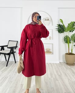 2743-terikoton kumaş-kemerli tunik-bordo