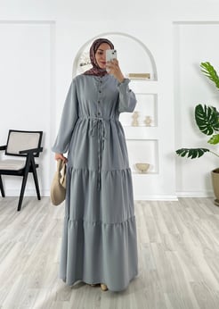 5688-ayrobin kumaş-beli büzülebilir yarım düğmeli elbise-gri