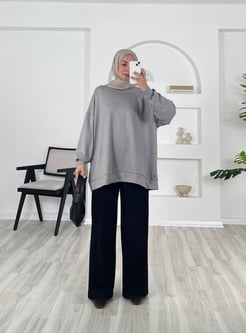 5236-oysho kumaş-balıkçı yaka düz model tunik-gri 