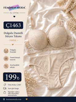 ç1463-dolgulu dantelli sütyen takımı-krem
