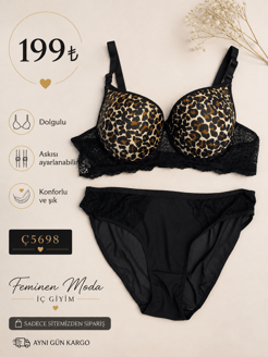 ç5698-destekli leoparlı sütyen takımı-siyah