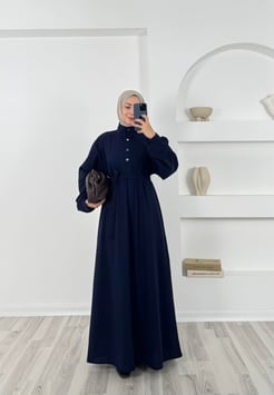 4756 sukuba krep kumaş önü düğmeli elbise-lacivert