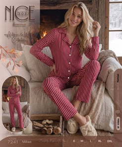 ç7241-milan kumaş gömlek yaka çizgili pijama takımı-bordo