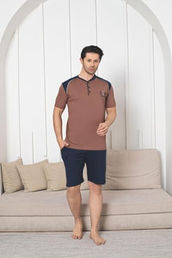 Ç7002-penye kumaş kısa kollu şortlu erkek pijama takımı-kahverengi