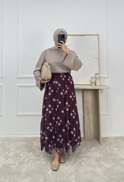 7023-KARE DESENLİ ŞİFON ETEK-BORDO