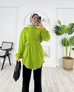 7945-nada kumaş-gizli düğmeli tunik-fıstık yeşili