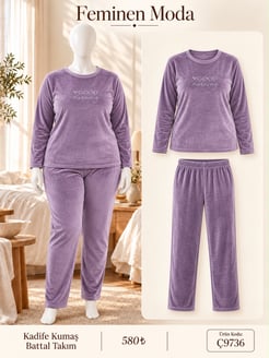 ç9736-battal boy kadife kumaş uzun kol pijama takımı-mürdüm