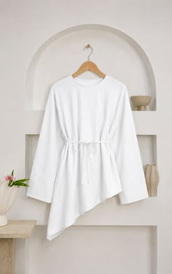 1388-poplin kumaş bağlamalı asimetrik tunik-beyaz