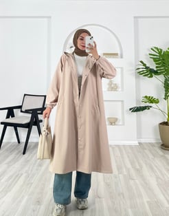 3985-bondit kumaş-çıtçıtlı kapşonlu trenç-taş