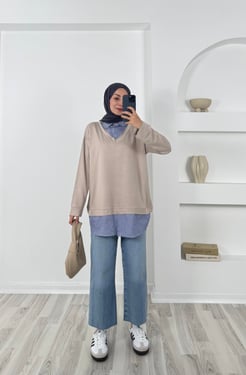 5690 - kristal kumaş çizgili gömlek tunik - taş 