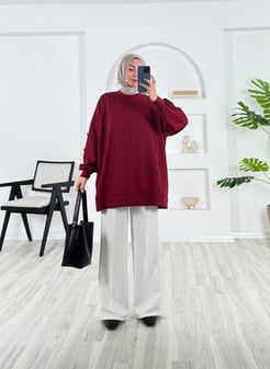 6325-oysho kumaş-fiyonk detaylı tunik-bordo